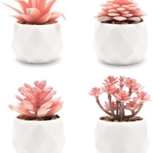 VIVERIE Mini Succulents Plants Artificial in Pots-Rose Pink, Small Fake Succulents Plants for Home...