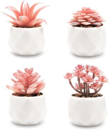VIVERIE Mini Succulents Plants Artificial in Pots-Rose Pink, Small Fake Succulents Plants for Home...
