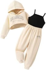 Verdusa Toddler Girl's 3 Piece Outfits Crop Cami Top and Hoodie Sweatshirt with Pants