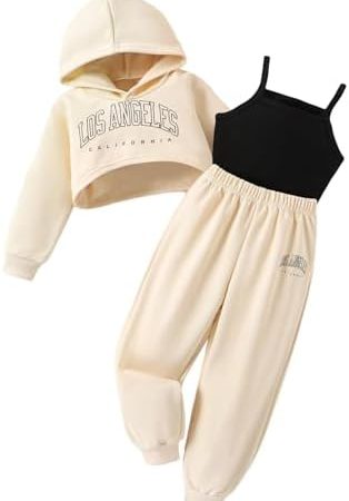 Verdusa Toddler Girl's 3 Piece Outfits Crop Cami Top and Hoodie Sweatshirt with Pants
