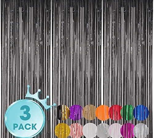 Voircoloria 3 Pack 3.3x8.2 Feet Black Foil Fringe Backdrop Curtains, Tinsel Streamers Birthday Party...