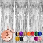 Voircoloria 3 Pack 3.3x8.2 Feet Silver Foil Fringe Backdrop Curtains, Tinsel Streamers Birthday...
