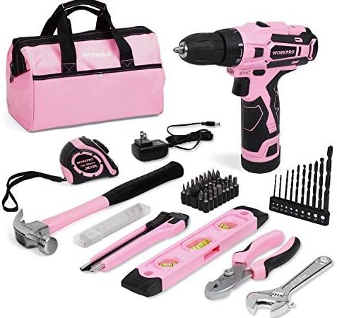 WORKPRO 12V Pink Cordless Drill Driver and Home Tool Kit, Hand Tool Set for DIY, Home Maintenance,...