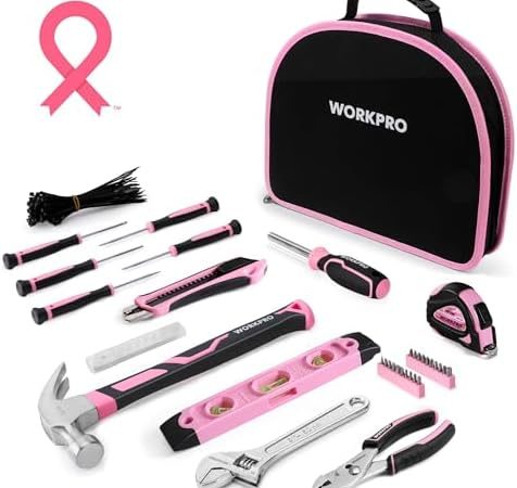 WORKPRO Pink Tool Kit - Hand Tool Set with Easy Carrying Round Pouch - Durable, Long Lasting Chrome...