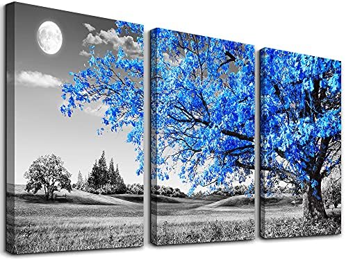 Wall Art For Living Room black and white Blue tree moon Canvas Wall Decor for Home artwork Painting...