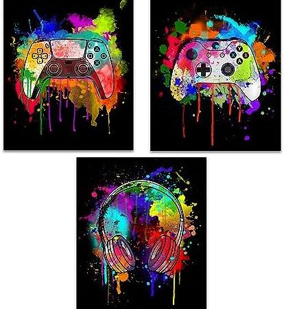 Watercolor Gaming Posters Set of 3 (8x10), Boys Room Wall Decorations for Bedroom, Gaming Room...