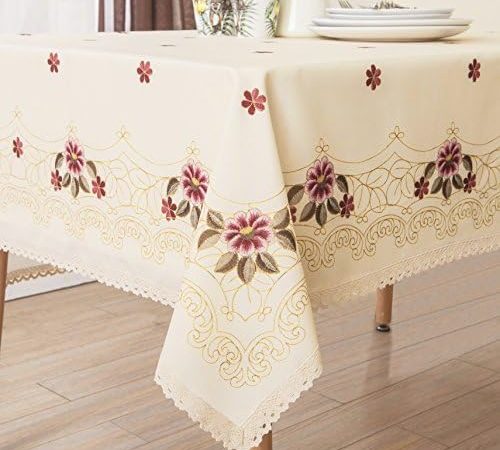Wewoch Decorative Red Floral Print Lace Water Resistant Tablecloth Wrinkle Free and Stain Resistant...