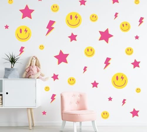 Whaline 156Pcs Preppy Wall Stickers Lightning Bolt Smile Star Wall Decals Pink Room Mural Stickers...