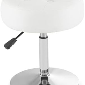 White Vanity Chair for Makeup Room Round Ottoman Tufted PU Leather Makeup Chair Vanity Stools for...