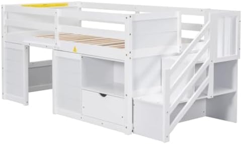 White/Grey Color Twin Bed, Solid Wood Twin Size Low Loft Bed with Stair, Drawer, and Shelf for...