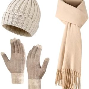 Women Winter Hat Beanie+Long Scarf+Touch Screen Gloves Set, Warm Clothes Set with Knit Fleece Lined...