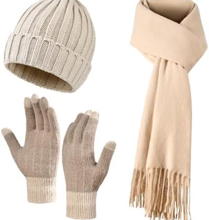 Women Winter Hat Beanie+Long Scarf+Touch Screen Gloves Set, Warm Clothes Set with Knit Fleece Lined...