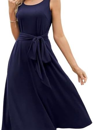 Women's Elegant Round Neck Sleeveless Casual Midi A-Line Swing Dress with Pockets