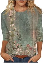 Womens Tops 3/4 Sleeve Crewneck Cute Shirts Casual Print Trendy Tops Three Guarter Length T Shirt...