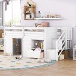 Wooden Twin Size Low Loft Bed with Stair,Drawer and Shelve for Kids/Bedroom,White