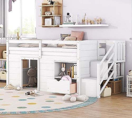 Wooden Twin Size Low Loft Bed with Stair,Drawer and Shelve for Kids/Bedroom,White