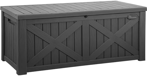 YITAHOME 120 Gallon Large Outdoor Storage Box w/Divider & Storage Net, Waterproof Resin Deck Box...