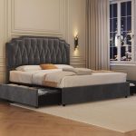 Yaheetech Upholstered Platform Bed Frame with 4 Storage Drawers, Button-Tufted Headboard, Height...