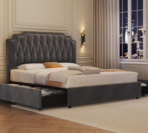 Yaheetech Upholstered Platform Bed Frame with 4 Storage Drawers, Button-Tufted Headboard, Height...