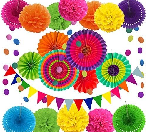 ZERODECO Party Decoration, 21 Pcs Multi-color Hanging Paper Fans, Pom Poms Flowers, Garlands String...