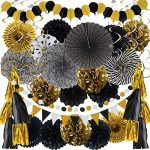 ZERODECO Party Decorations, 41 Pcs Black and Gold Papar Fans Pompoms Garlands String Tissue Paper...