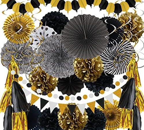 ZERODECO Party Decorations, 41 Pcs Black and Gold Papar Fans Pompoms Garlands String Tissue Paper...