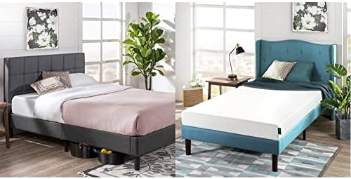 ZINUS Lottie Upholstered Platform Bed Frame, Grey, Twin & 6 Inch Green Tea Memory Foam Mattress /...