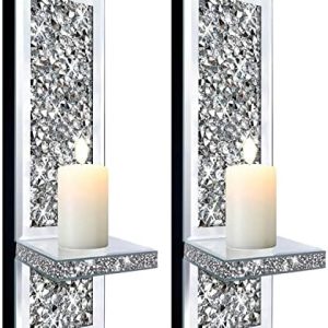 ZOLAPI Set of 2 Crystal Crush Diamond Candle Sconces, Gorgeous Silver Mirrored Wall Sconce, Candle...