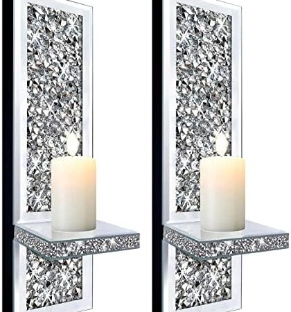 ZOLAPI Set of 2 Crystal Crush Diamond Candle Sconces, Gorgeous Silver Mirrored Wall Sconce, Candle...