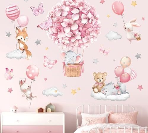 decalmile Animals Hot Air Balloon Wall Decals Flowers Balloons Elephant Bear Wall Stickers Baby...