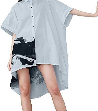 ellazhu Women's Oversized Button Down Shirt Dresses Batwing Sleeves High Low Top for Summer GY1827 A
