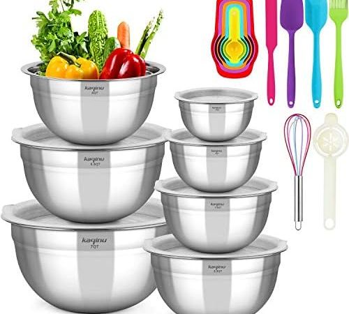 kaqinu Mixing Bowls with Lids, Stainless Steel Metal Nesting Mixing Bowls Set (13 pcs) for Space...
