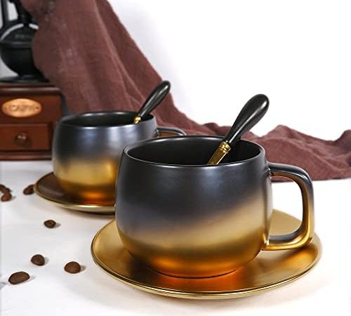 lavekywasa European Style Tea Coffee Cup Set Black Gold Gradual Vintage Ceramic Cup Coffee Mug With...
