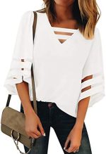 luvamia Women Casual Strappy V Neck Blouse 3/4 Bell Sleeve Mesh Panel Shirts Top