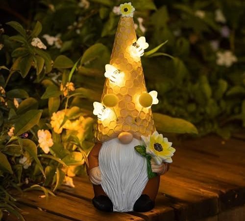 shumi Solar Garden Gnome Statue Decor Holding Sunflower Gifts, Outdoor Garden Decor with Solar Bee...