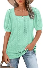 Womens Summer Tops 2024 Square Neck Short Sleeve Tunic Tops Eyelet T-Shirts S-2XL