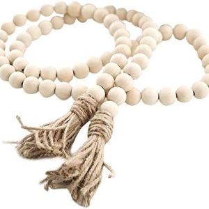 Farmhouse Beads 58in Wood Bead Garland with Tassels Rustic Country Decor Prayer Boho Beads Big Wall...