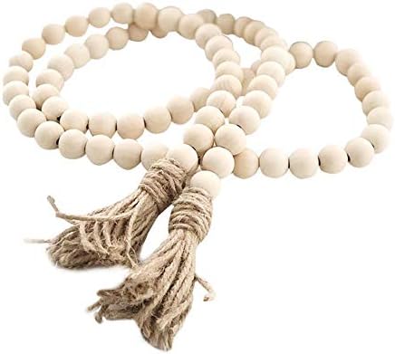 Farmhouse Beads 58in Wood Bead Garland with Tassels Rustic Country Decor Prayer Boho Beads Big Wall...