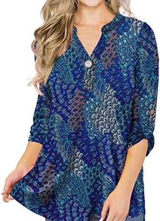 LIENRIDY Women's Plus Size Tops 3/4 Roll Sleeves Tunic Blouses V Neck Henley Shirts M-4X
