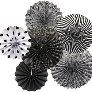 Party Hanging Paper Fans Set, Black Round Pattern Paper Garlands Decoration for Birthday Wedding...