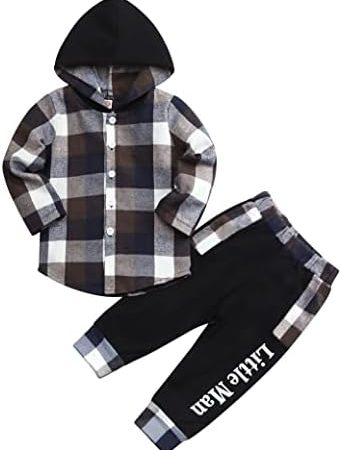 Toddler Baby Boys Clothes Plaid Button Down Hooded Shirt + Sweatpants Fall Winter Outfits Set